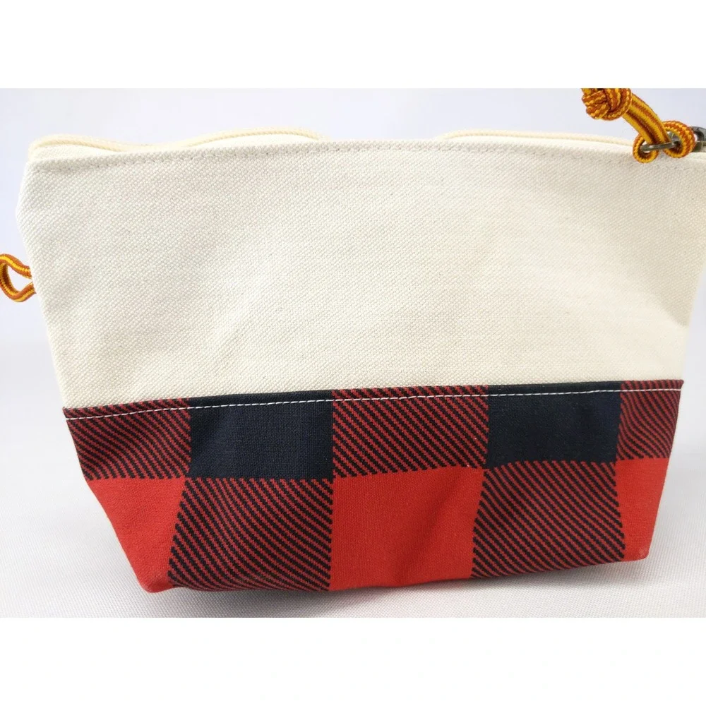 LL Bean Boat & Tote Pouch Cream Red Buffalo Plaid Canvas Zip Bag 509602